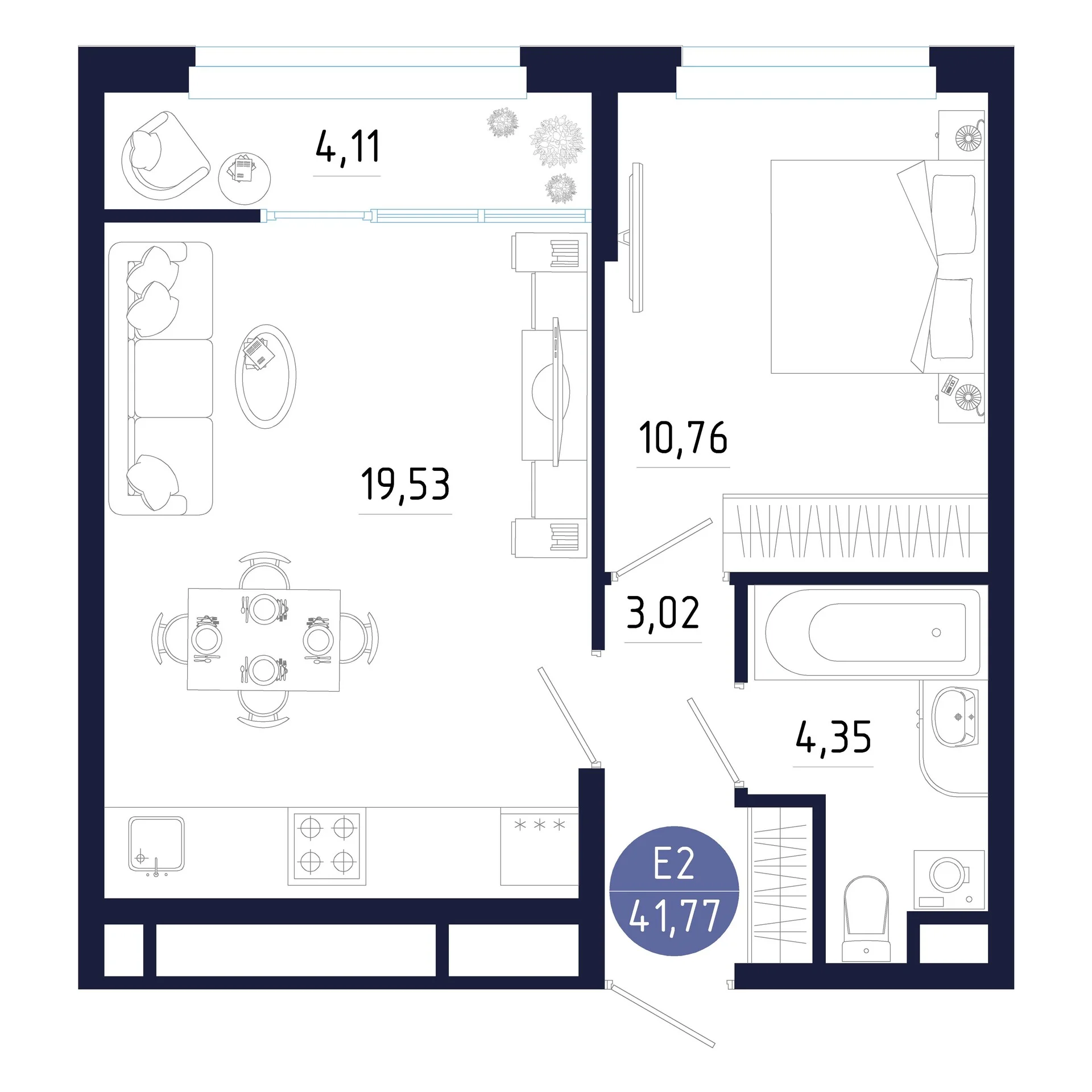 Планировка Квартира с одной спальней и гостиной 20 м² (Евро-2)