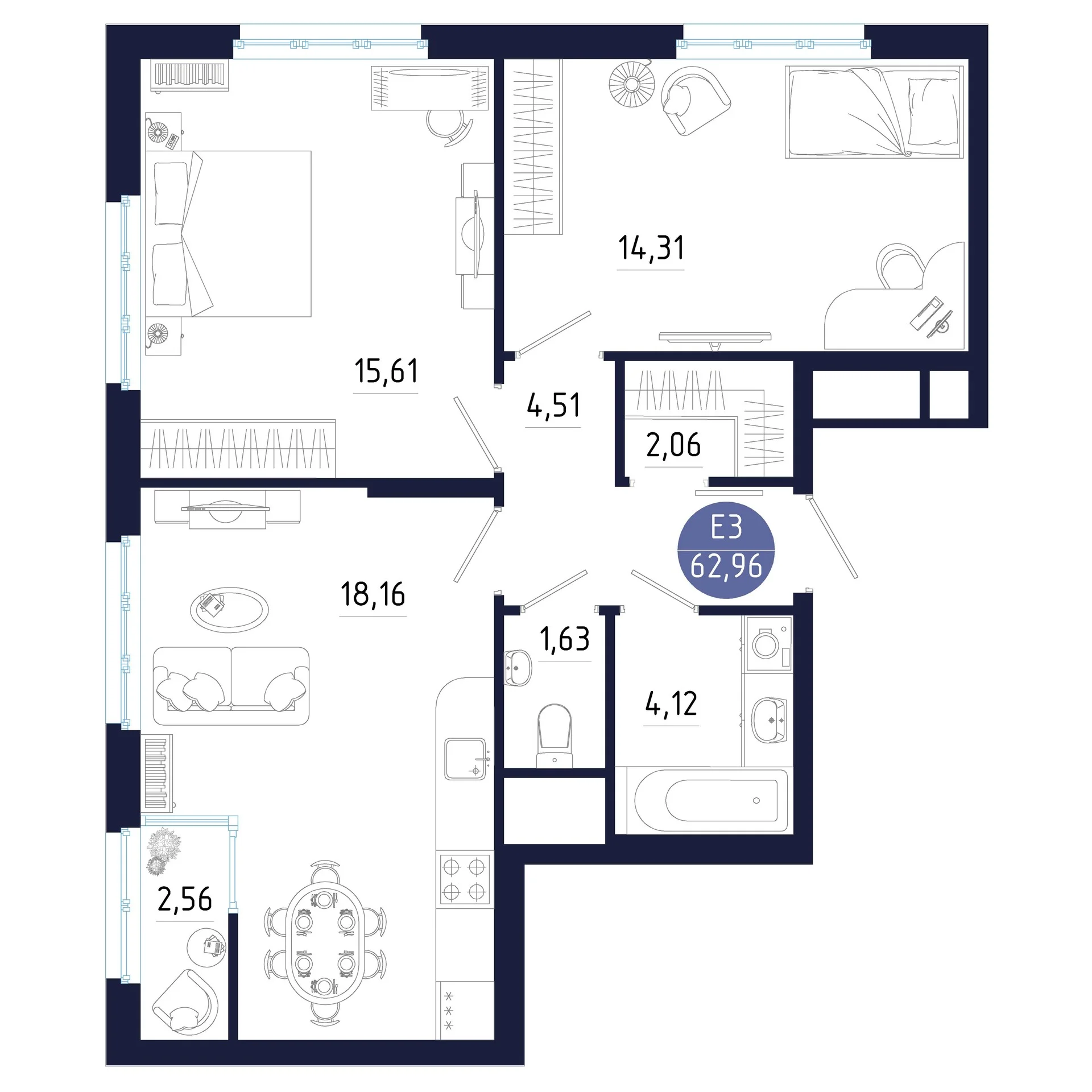 Планировка Квартира с двумя спальнями и гостиной 18 м² (Евро-3)