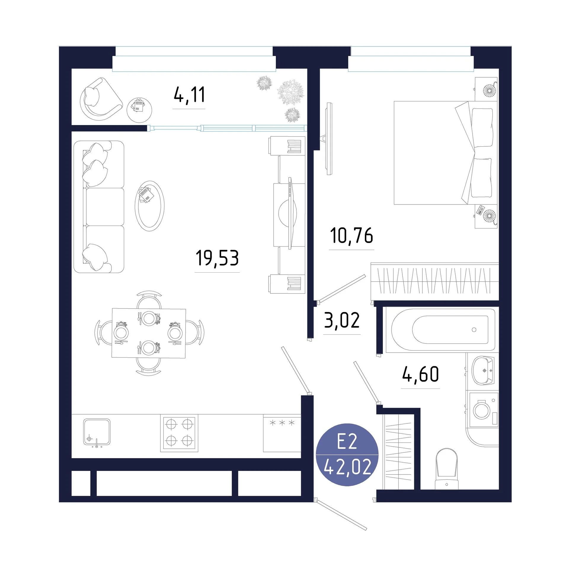 Планировка Квартира с одной спальней и гостиной 20 м² (Евро-2)