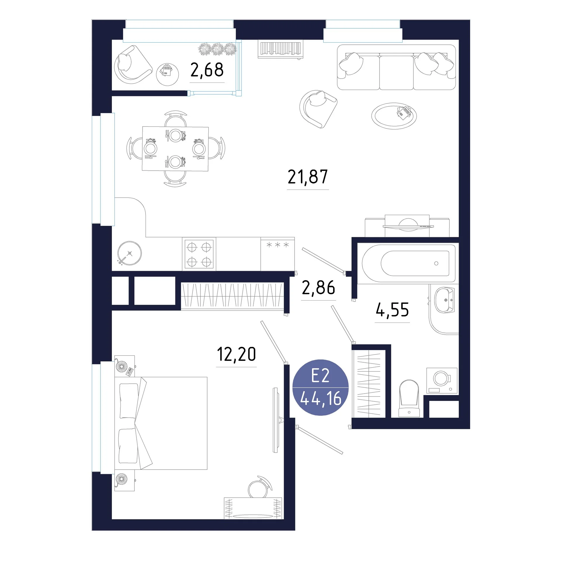 Планировка Квартира с одной спальней и гостиной 22 м² (Евро-2)
