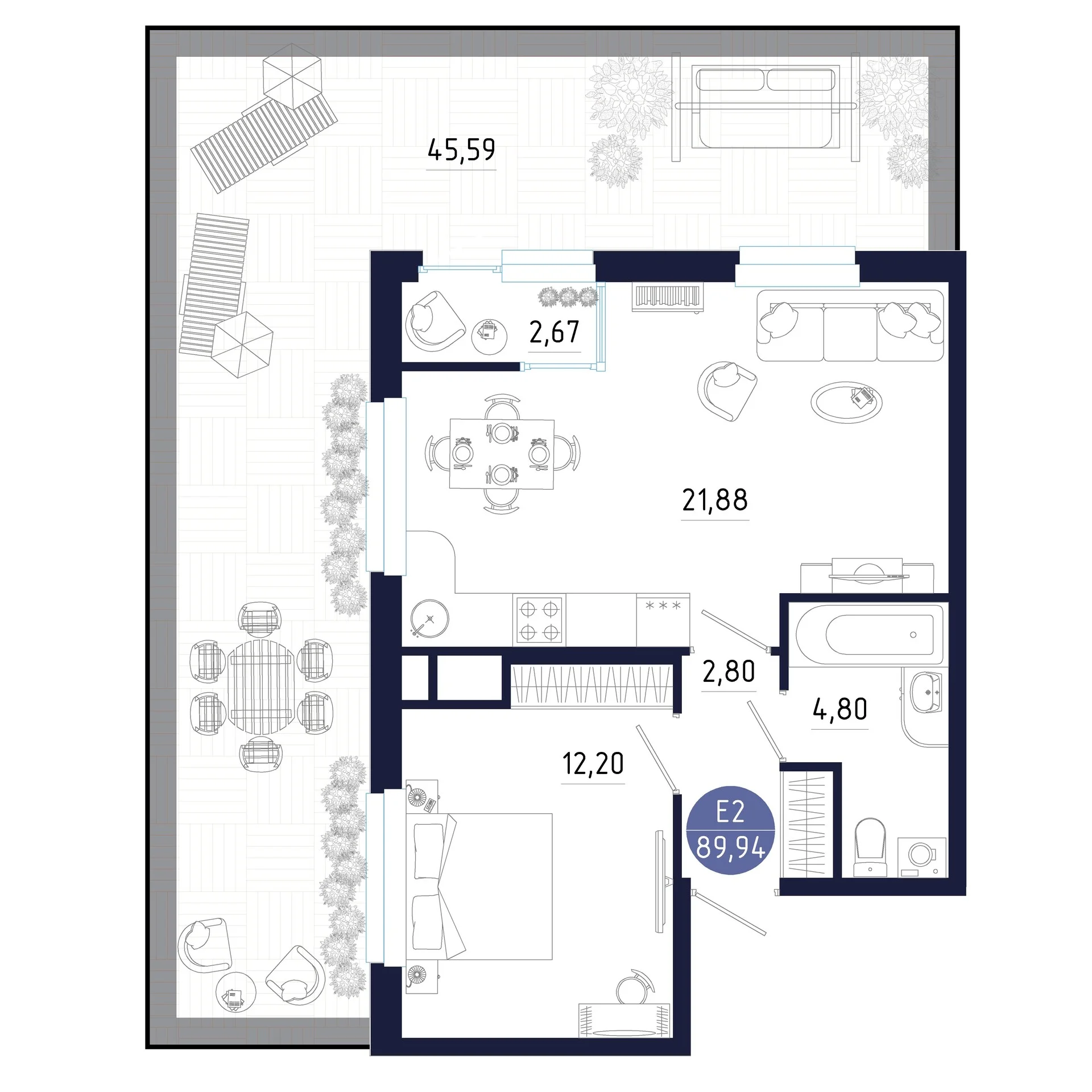 Планировка Квартира с одной спальней и гостиной 22 м² (Евро-2)