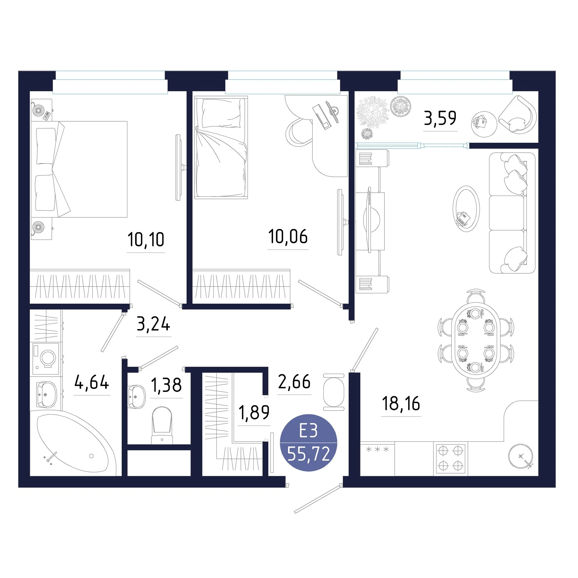 Планировка Квартира с двумя спальнями и гостиной 18 м² (Евро-3)