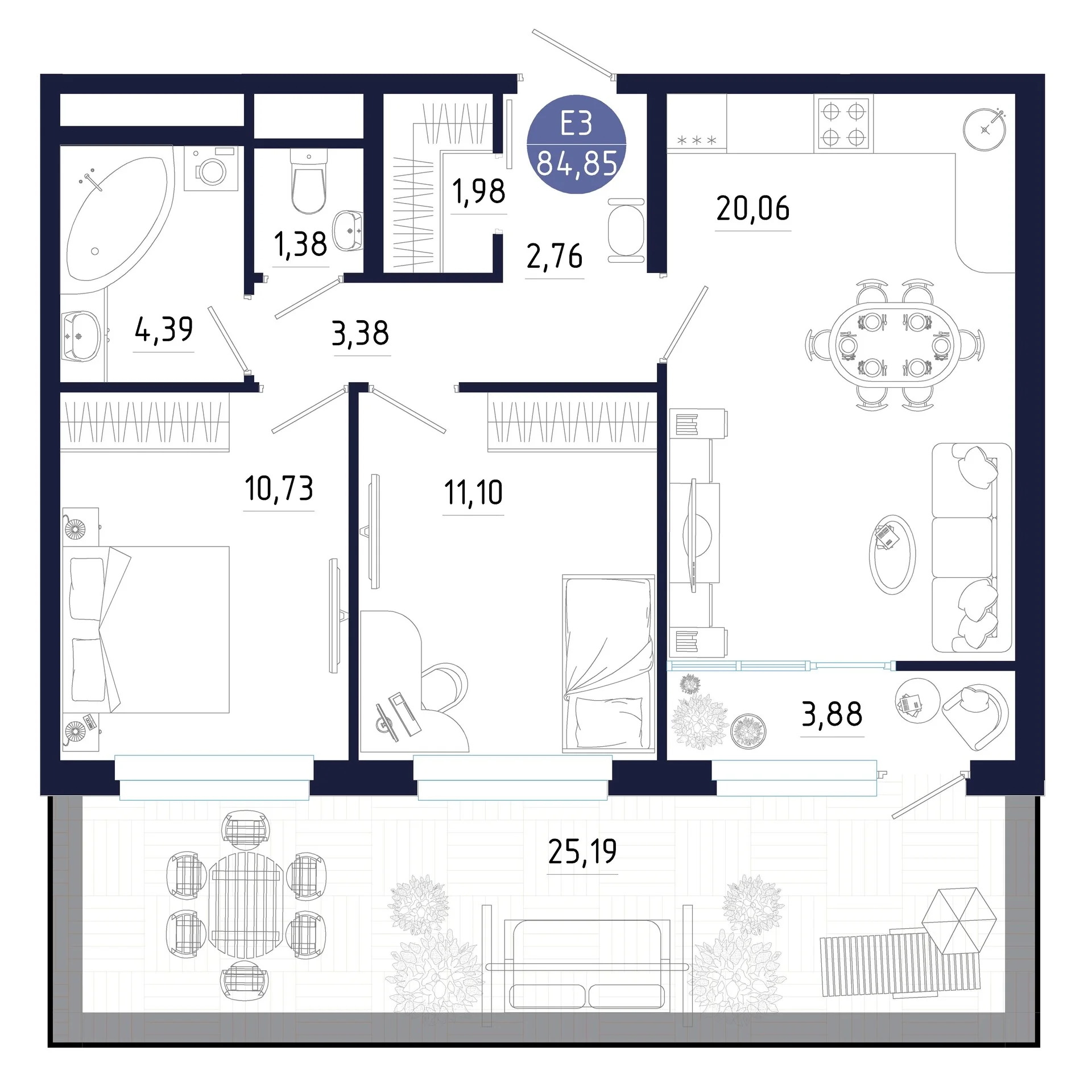 Планировка Квартира с двумя спальнями и гостиной 20 м² (Евро-3)
