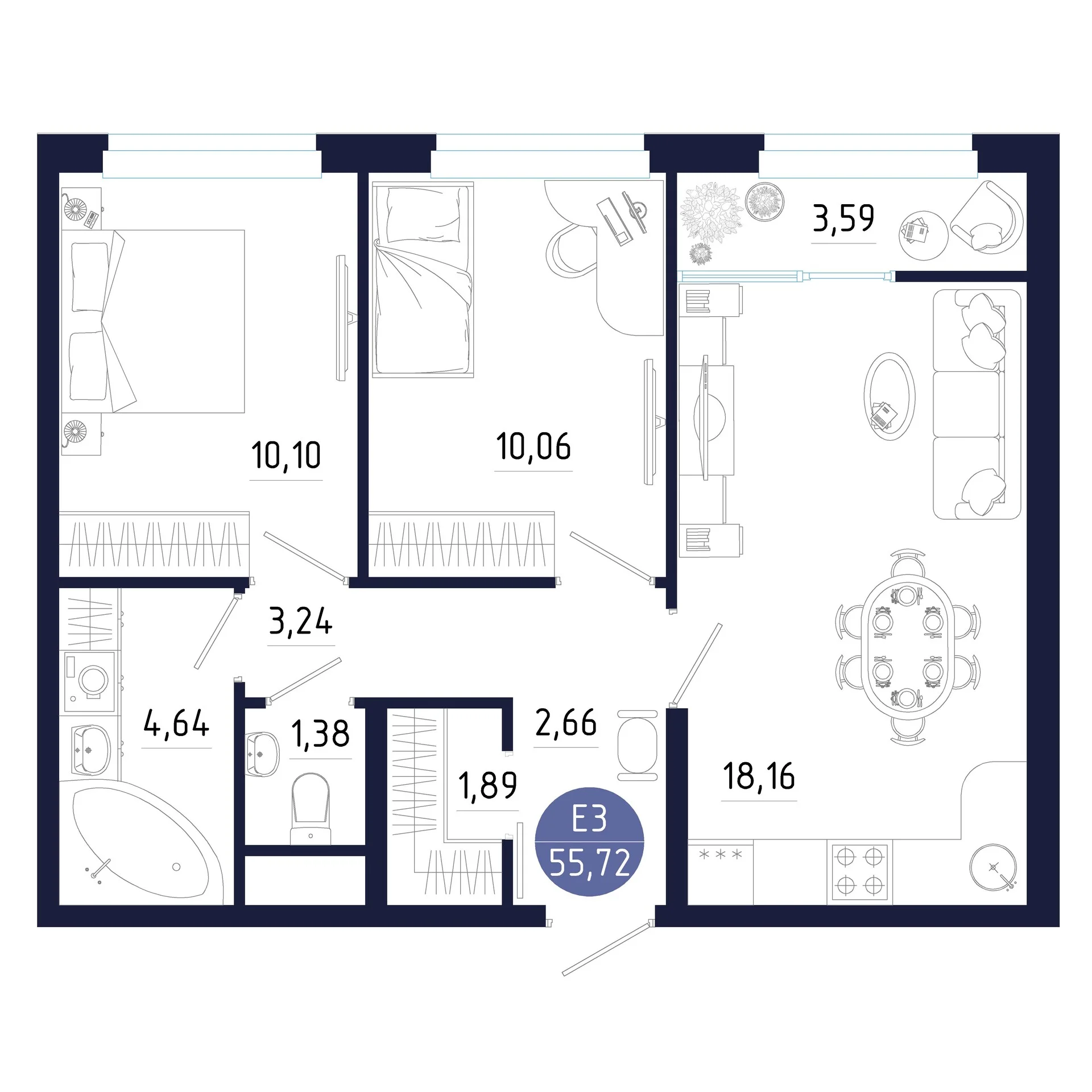 Планировка Квартира с двумя спальнями и гостиной 18 м² (Евро-3)