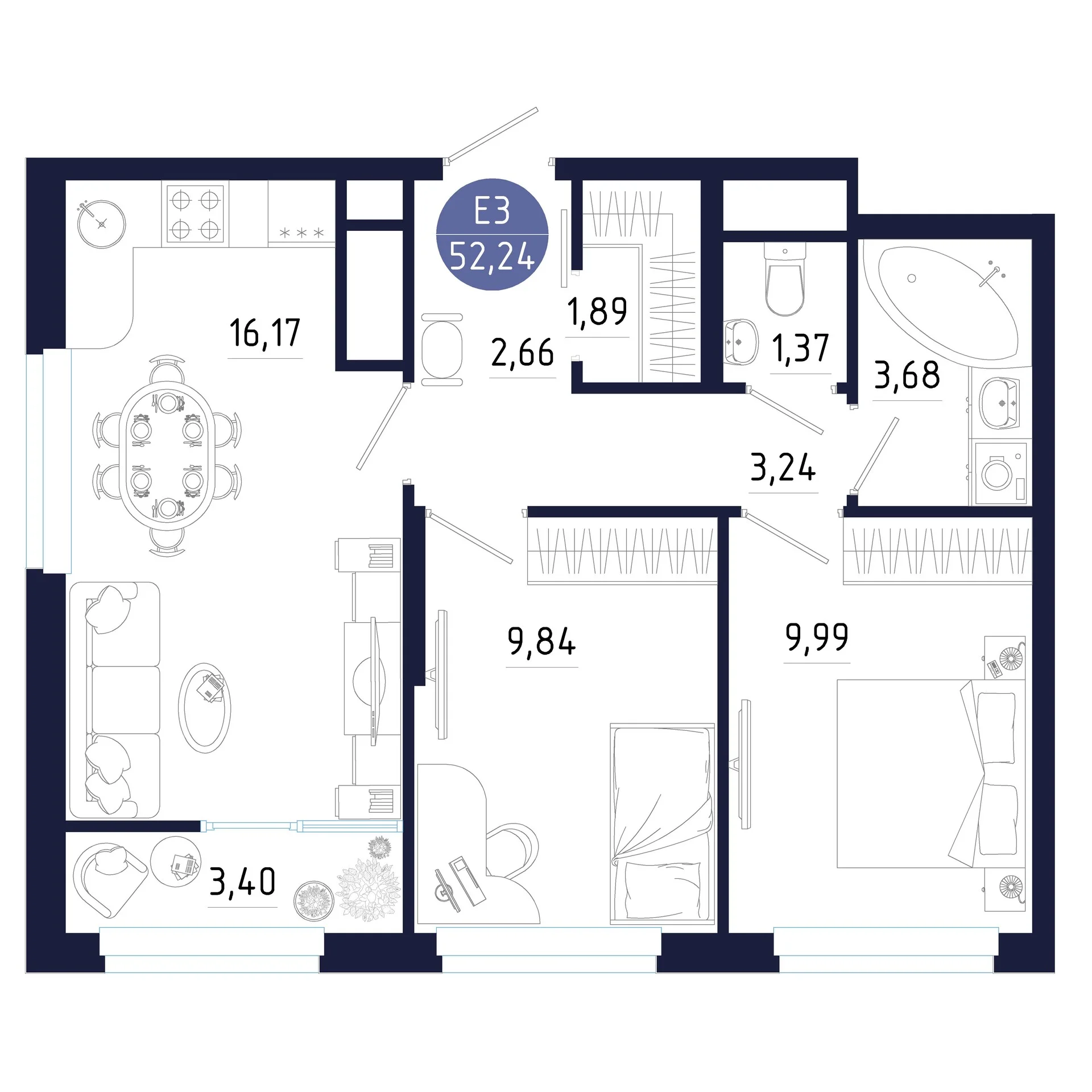 Планировка Квартира с двумя спальнями и гостиной 16 м² (Евро-3)