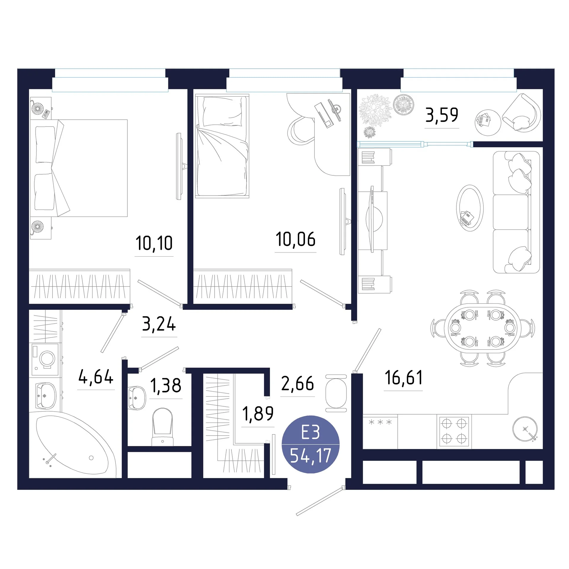 Планировка Квартира с двумя спальнями и гостиной 17 м² (Евро-3)