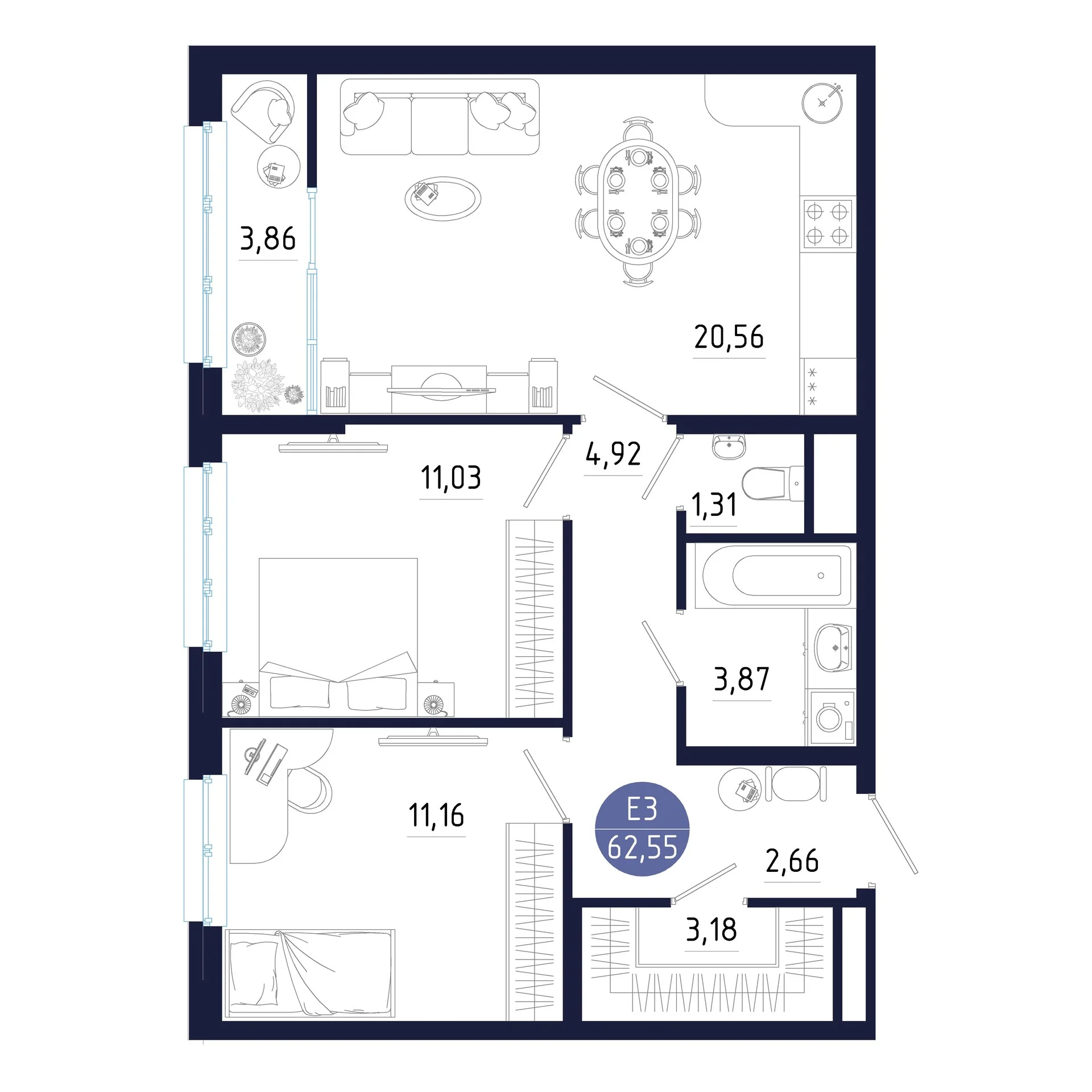 Планировка Квартира с двумя спальнями и гостиной 21 м² (Евро-3)