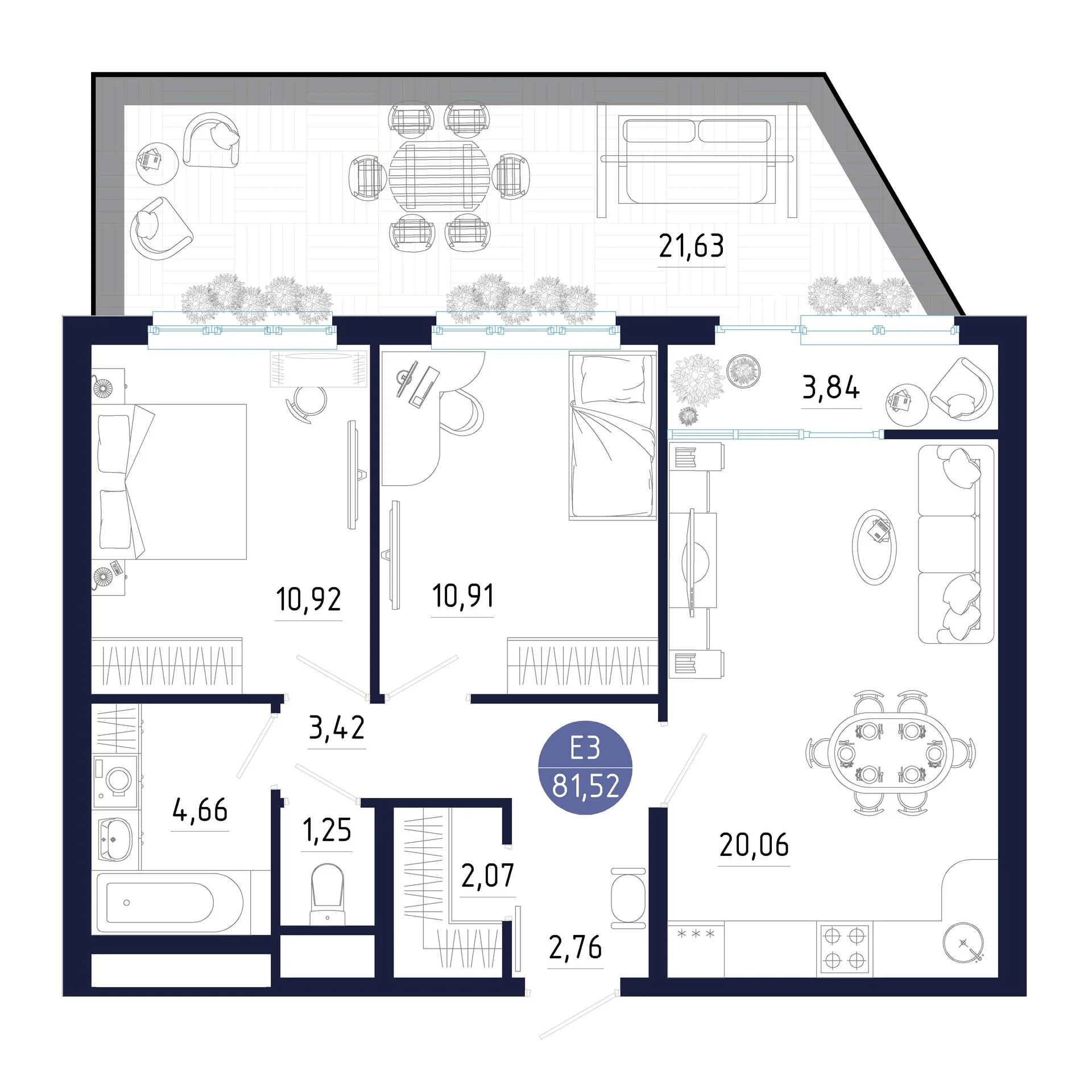 Планировка Квартира с двумя спальнями и гостиной 20 м² (Евро-3)