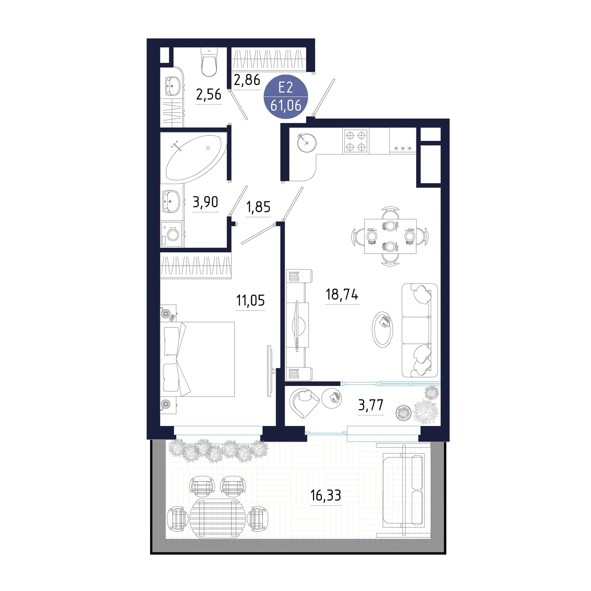 Планировка Квартира с одной спальней и гостиной 19 м² (Евро-2)