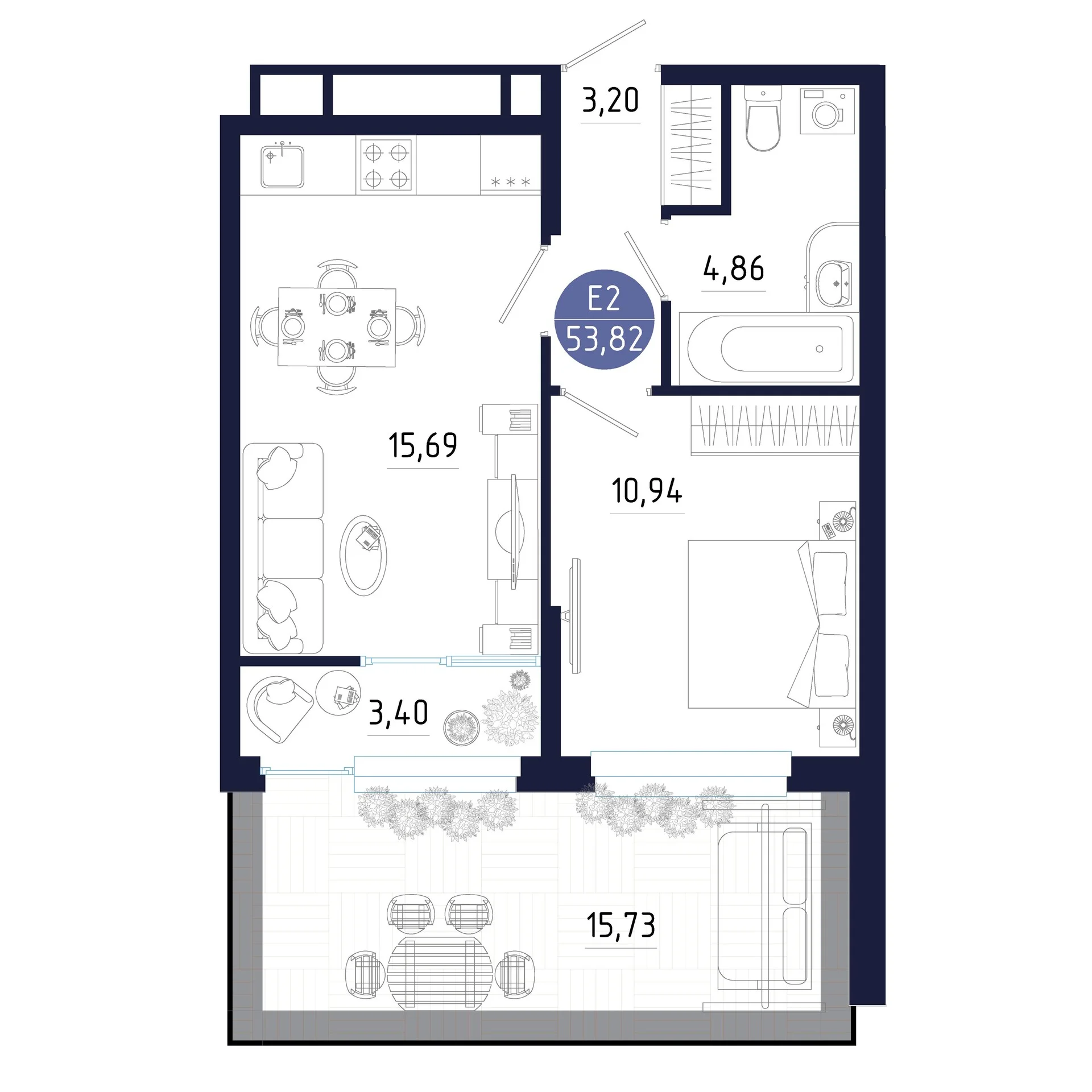 Планировка Квартира с одной спальней и гостиной 16 м² (Евро-2)