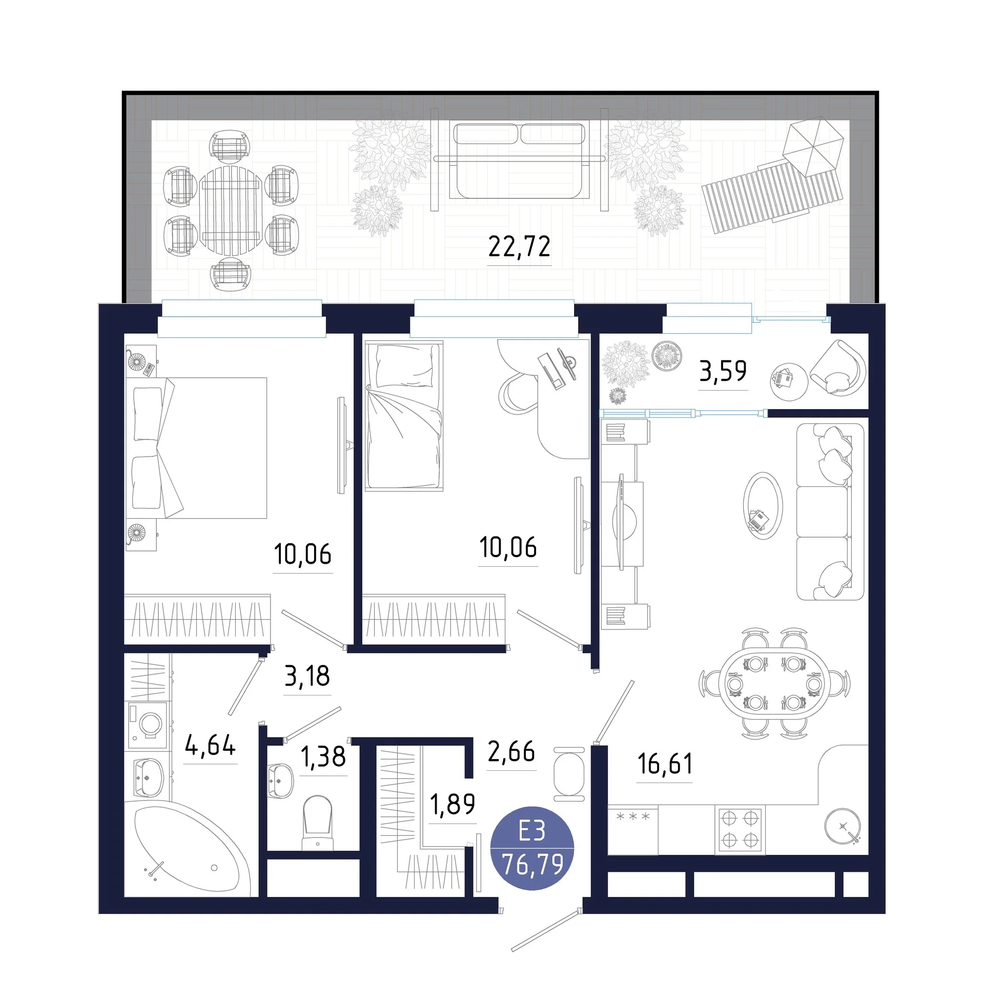 Планировка Квартира с двумя спальнями и гостиной 17 м² (Евро-3)