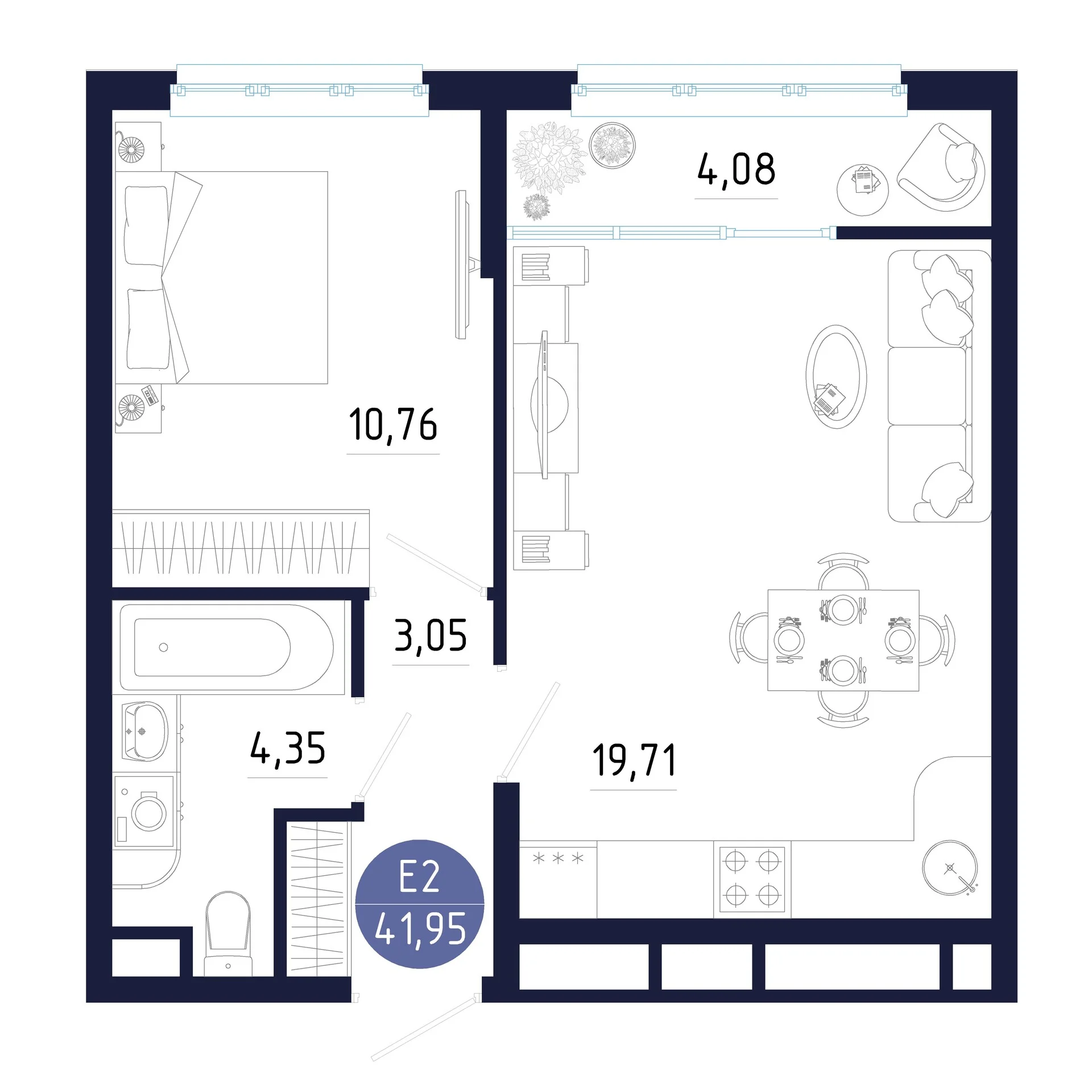 Планировка Квартира с одной спальней и гостиной 20 м² (Евро-2)
