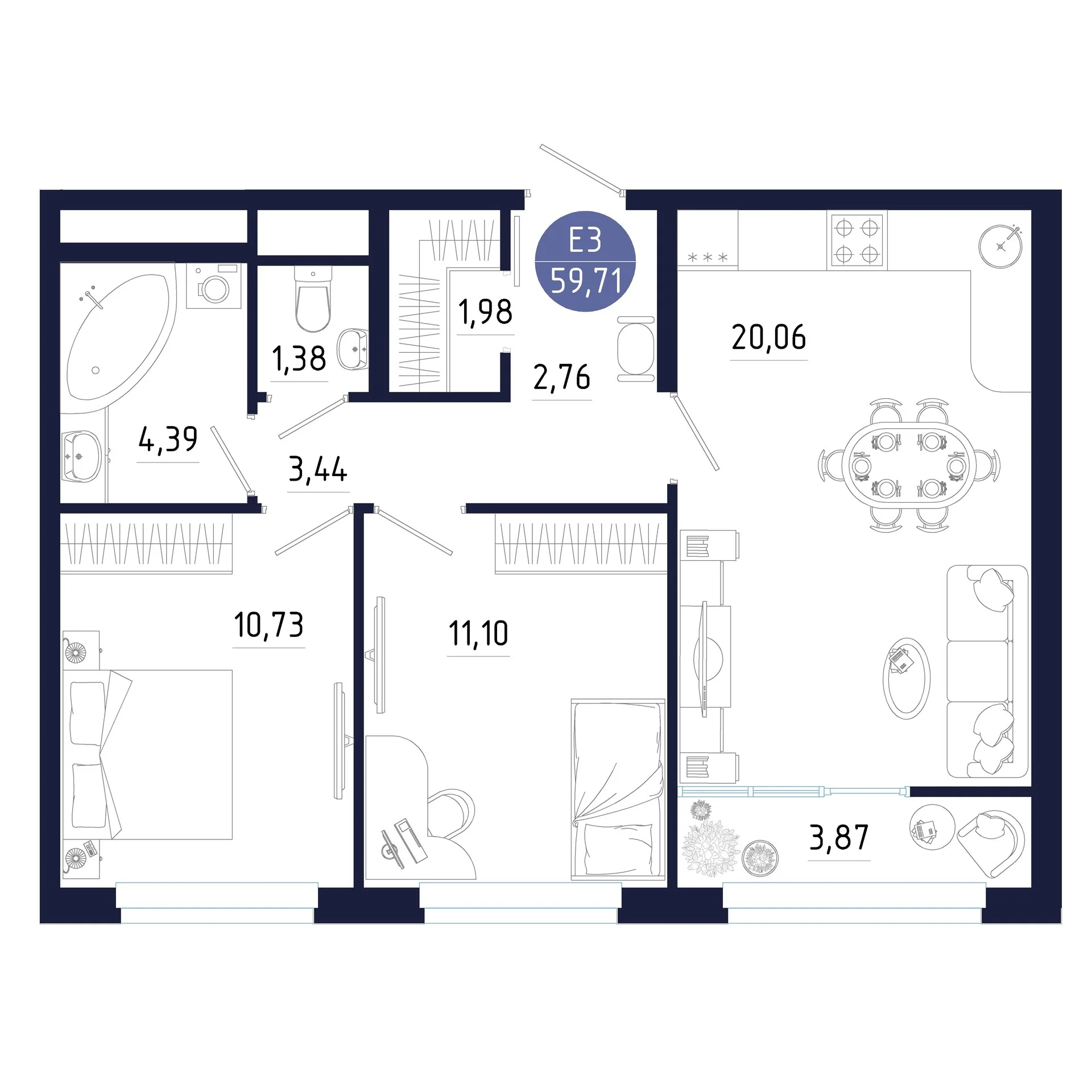 Планировка Квартира с двумя спальнями и гостиной 20 м² (Евро-3)