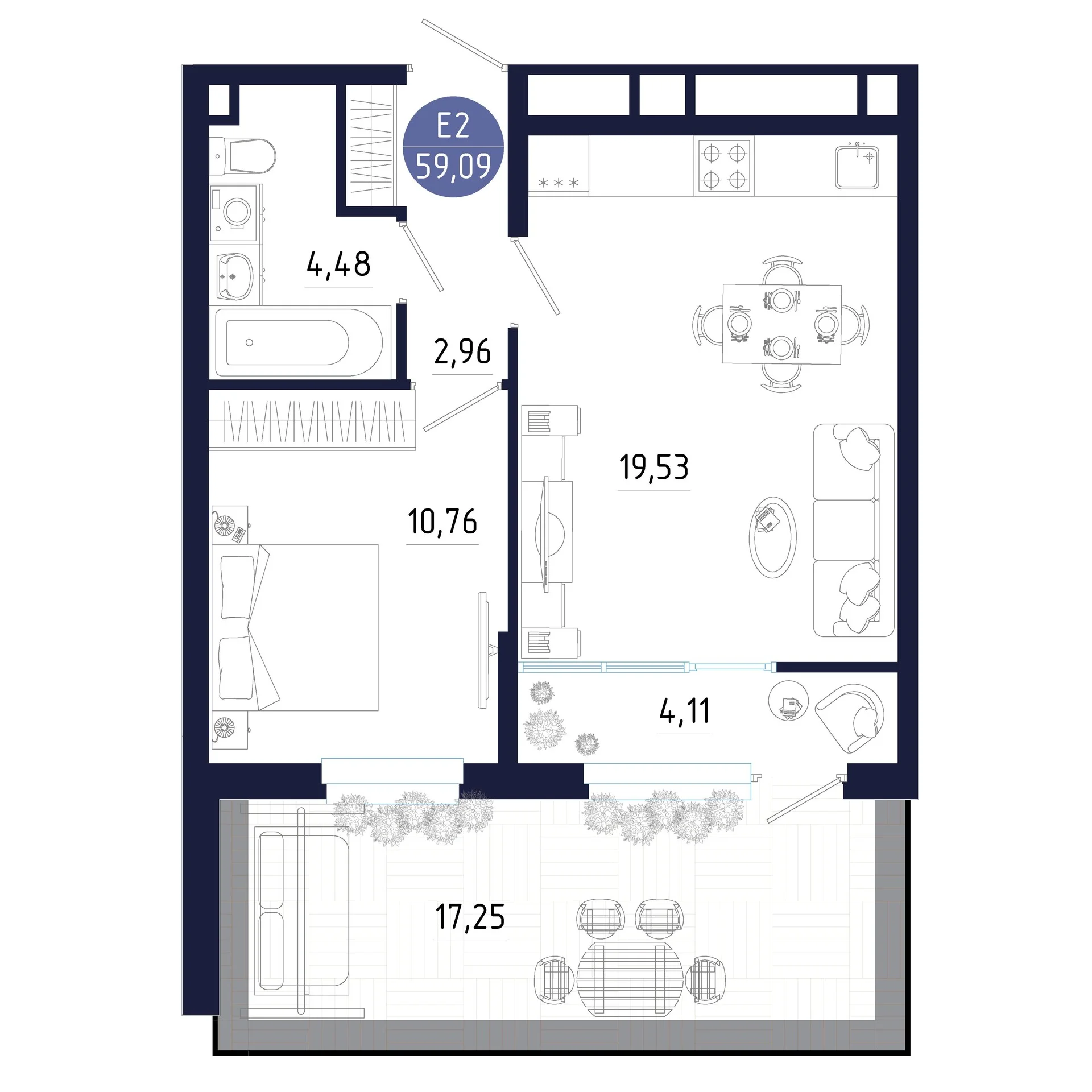 Планировка Квартира с одной спальней и гостиной 20 м² (Евро-2)