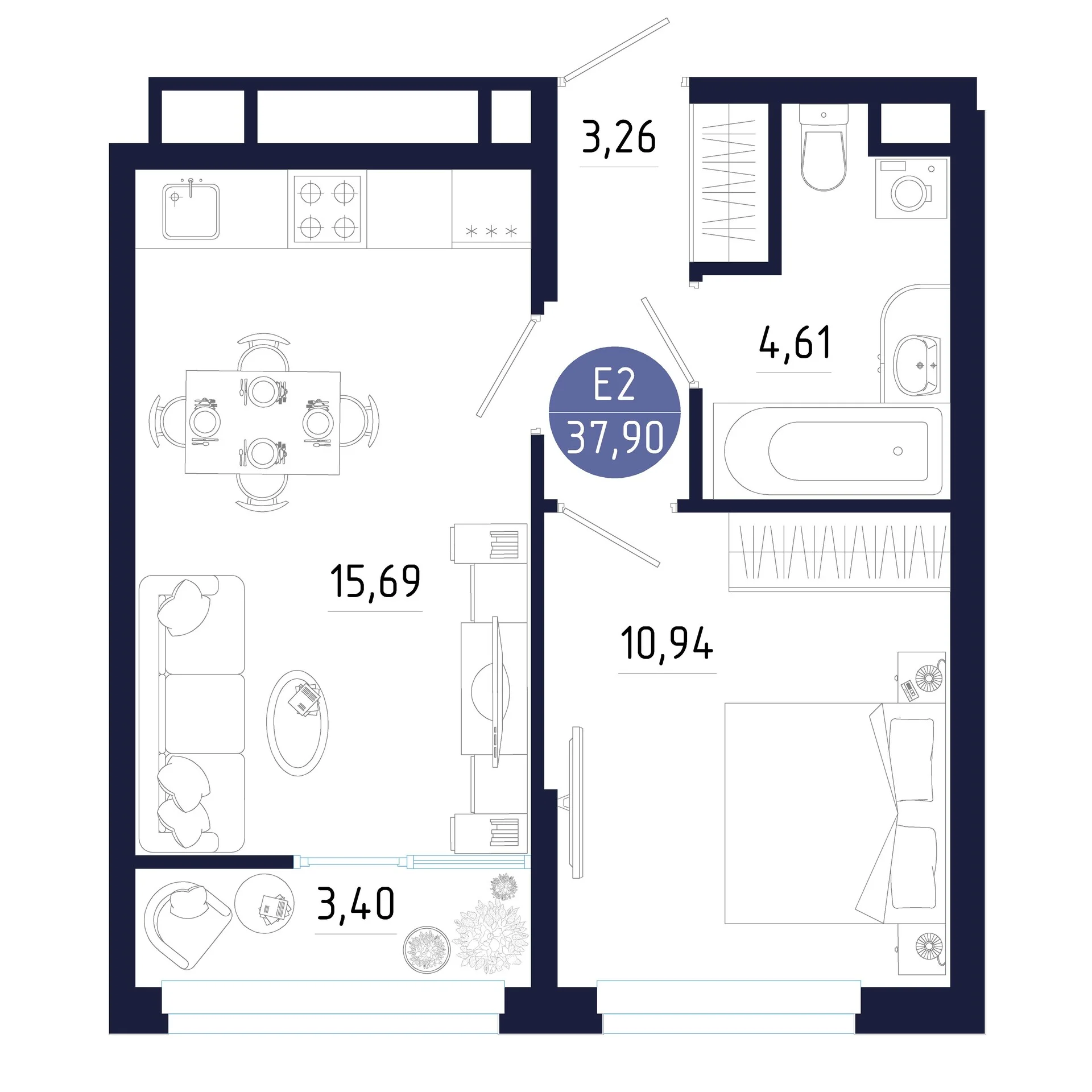 Планировка Квартира с одной спальней и гостиной 16 м² (Евро-2)