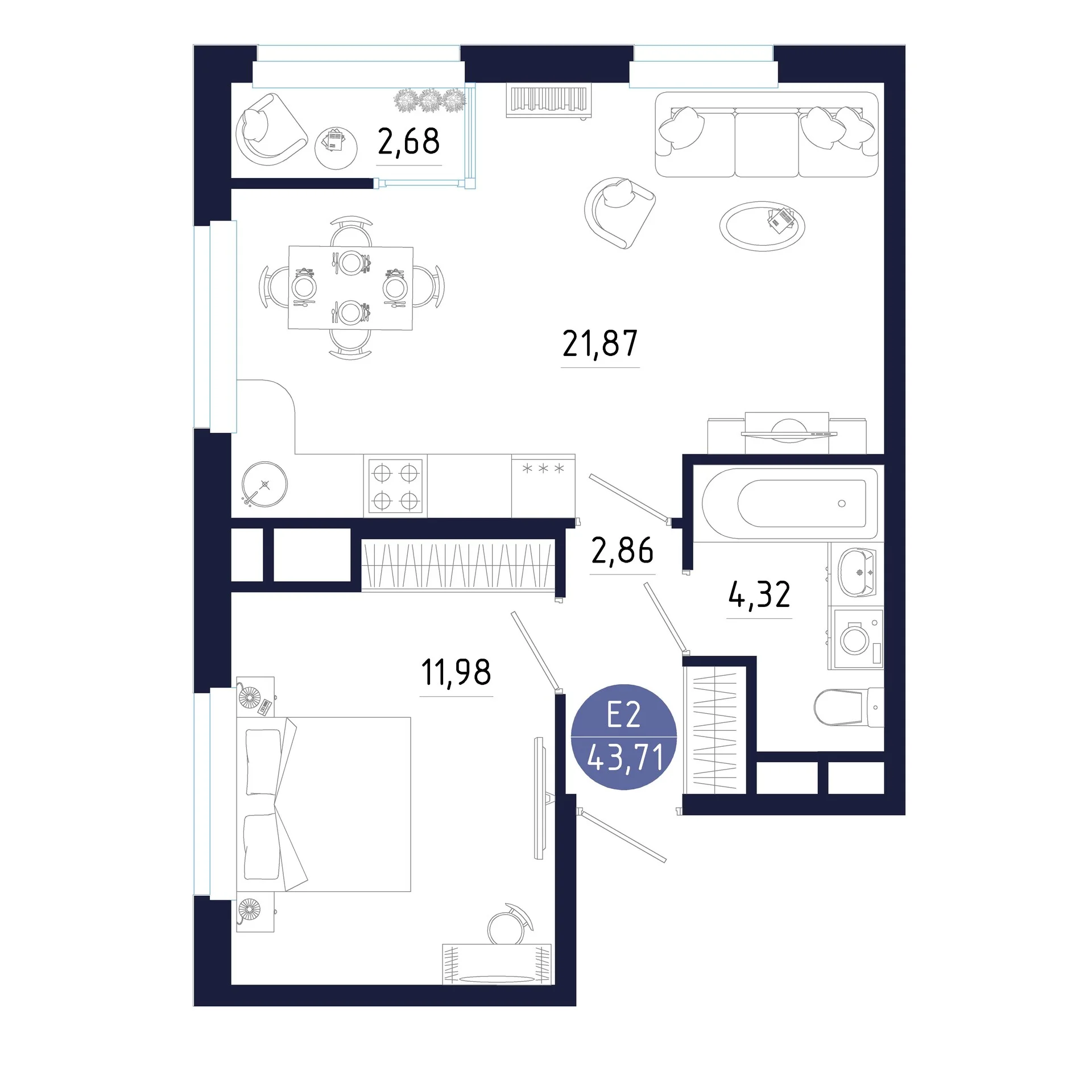 Планировка Квартира с одной спальней и гостиной 22 м² (Евро-2)