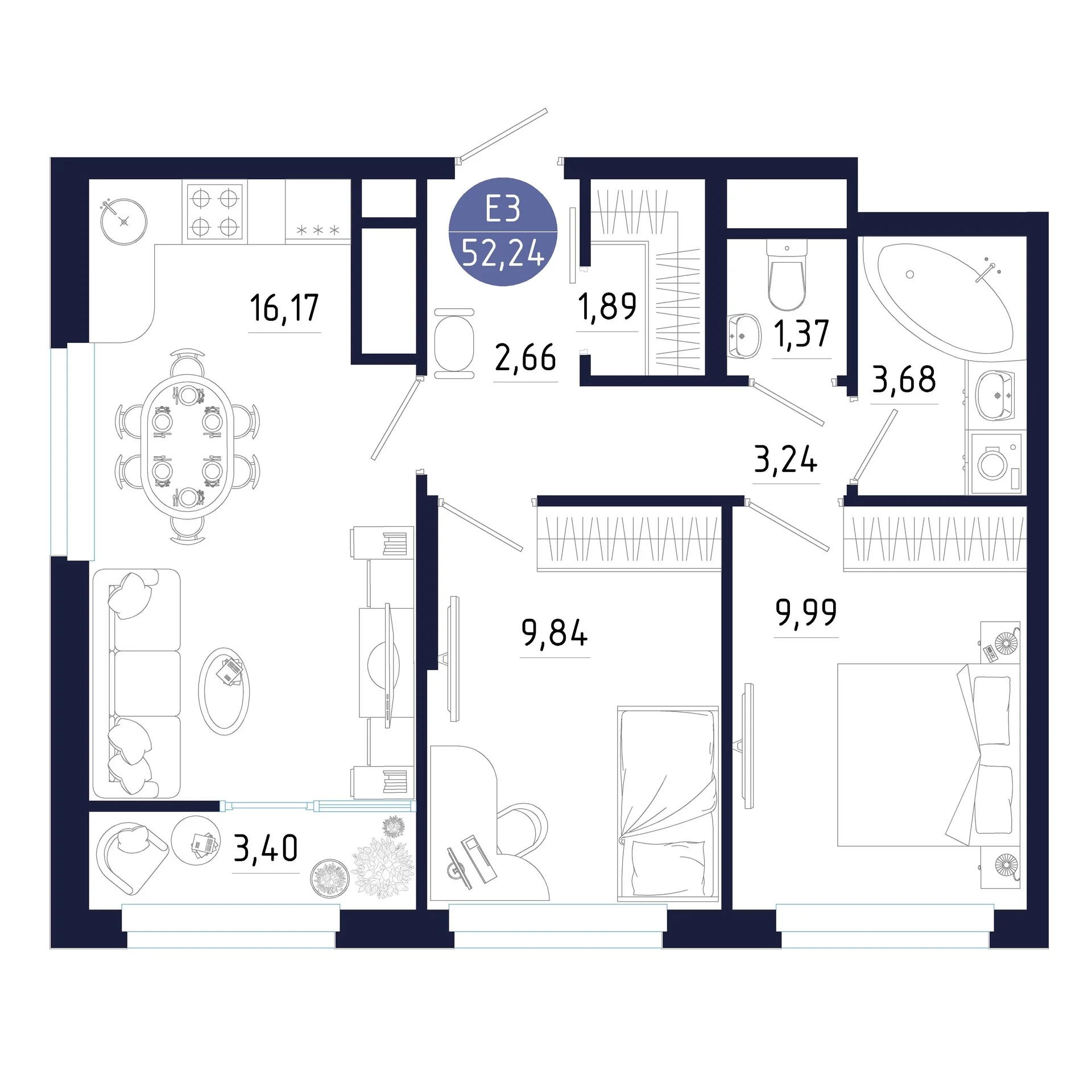 Планировка Квартира с двумя спальнями и гостиной 16 м² (Евро-3)