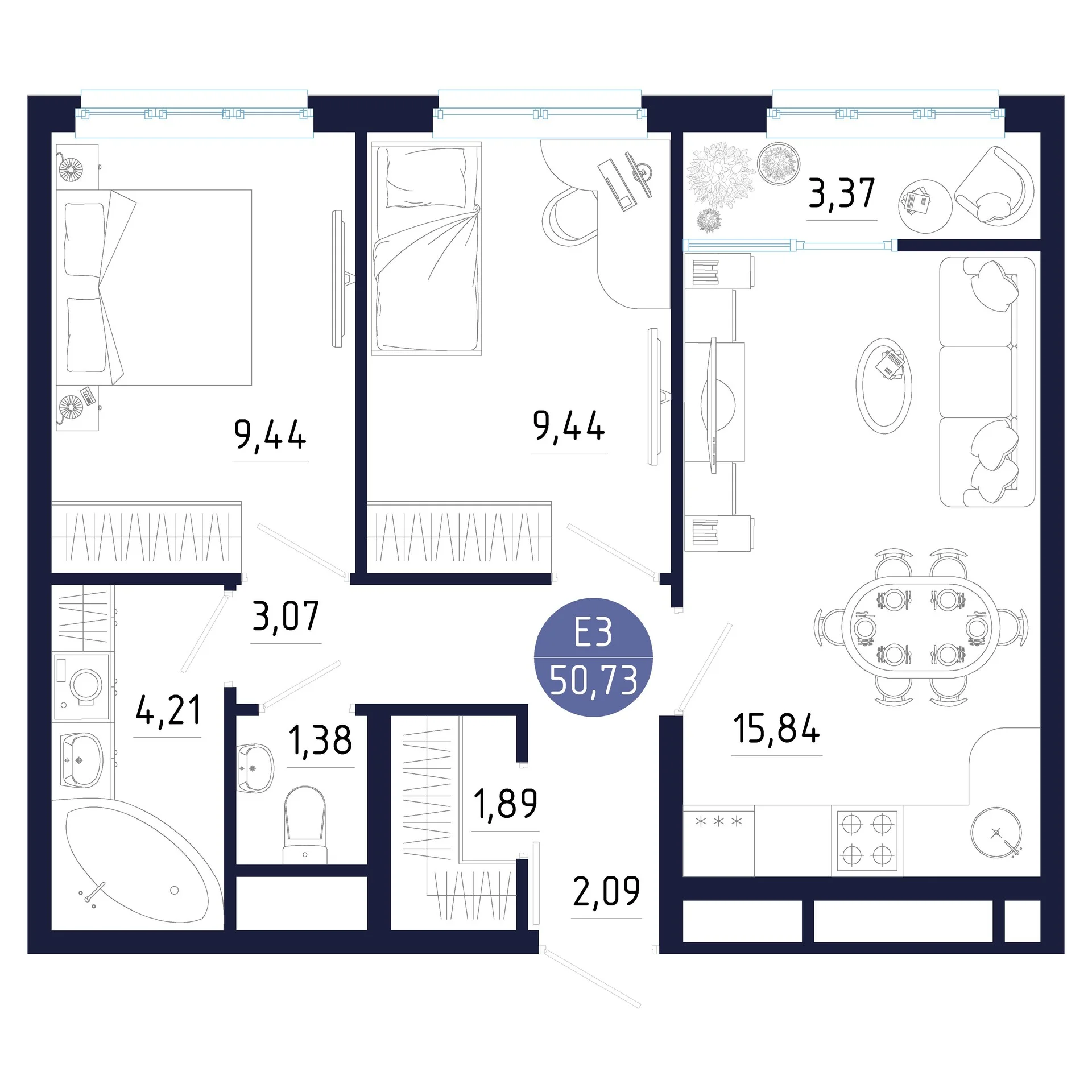 Планировка Квартира с двумя спальнями и гостиной 16 м² (Евро-3)