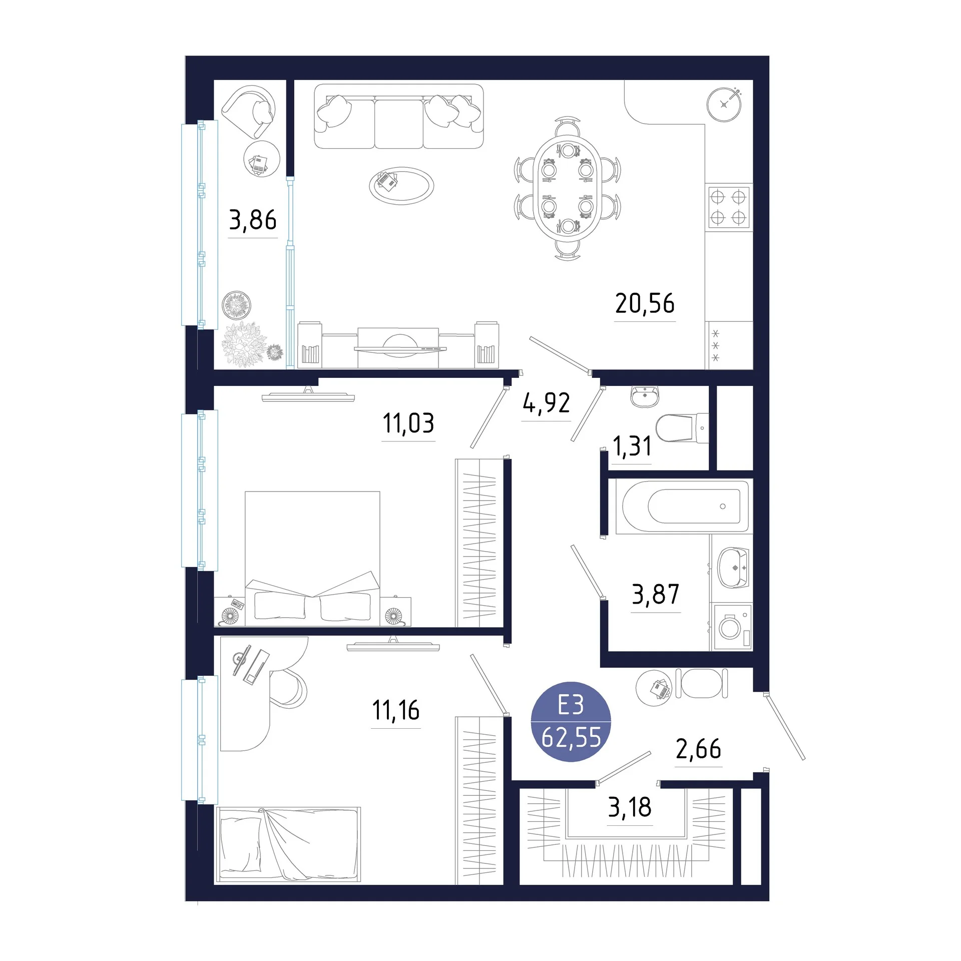 Планировка Квартира с двумя спальнями и гостиной 21 м² (Евро-3)