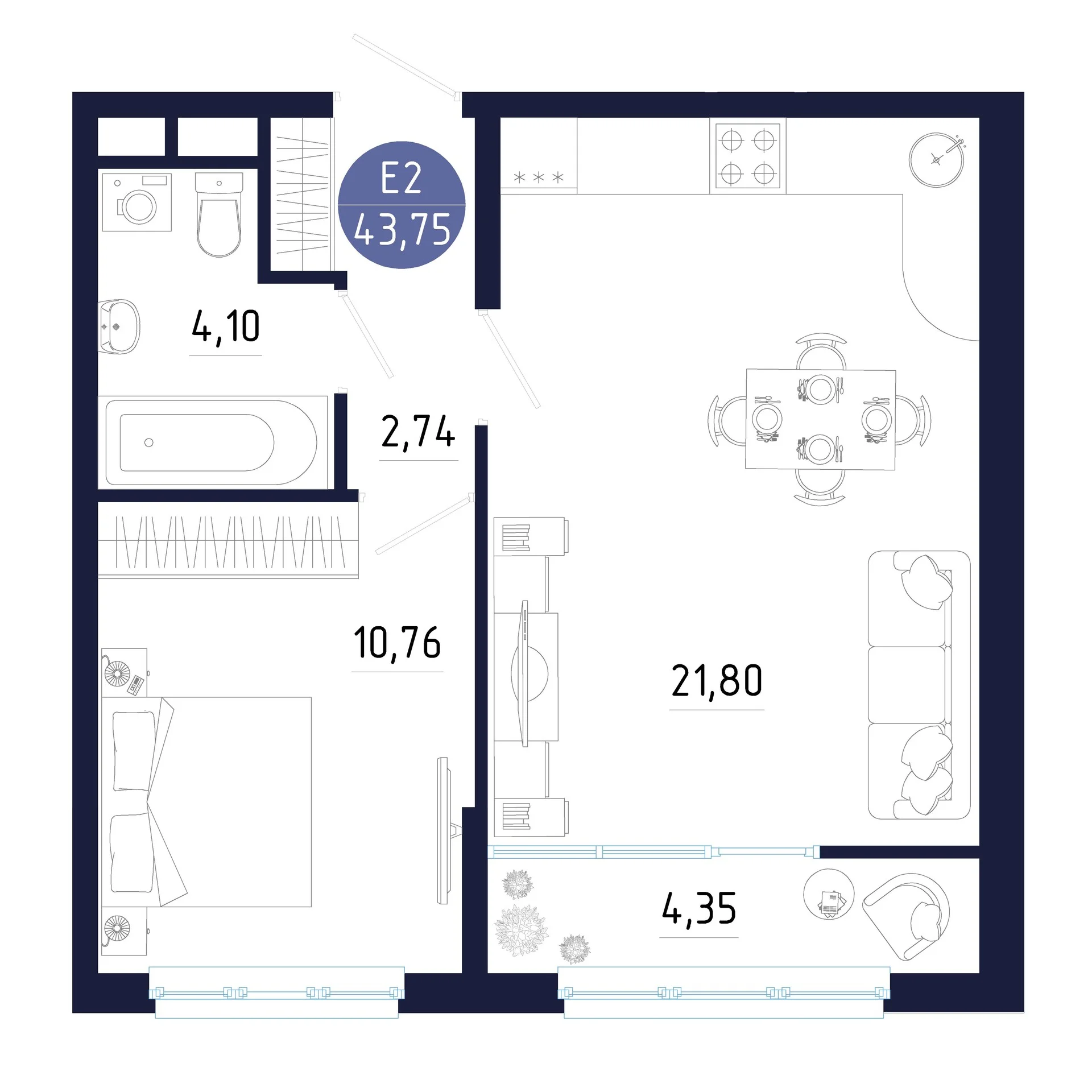 Планировка Квартира с одной спальней и гостиной 22 м² (Евро-2)