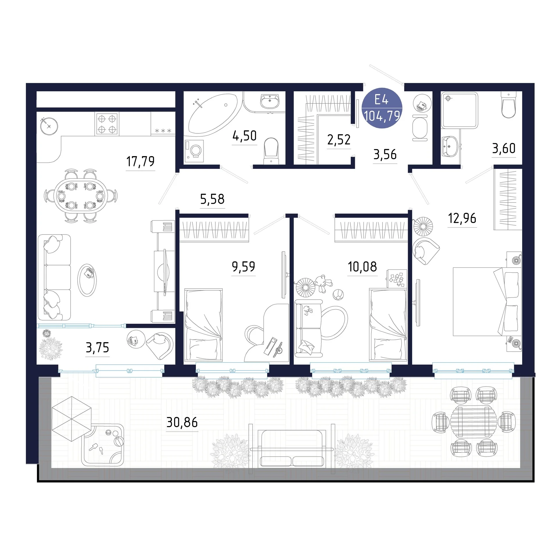 Планировка Квартира с тремя спальнями и гостиной 18 м² (Евро-4)