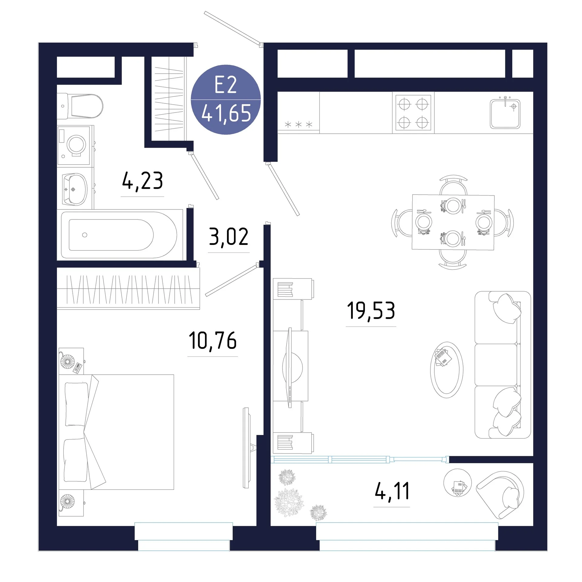 Планировка Квартира с одной спальней и гостиной 20 м² (Евро-2)