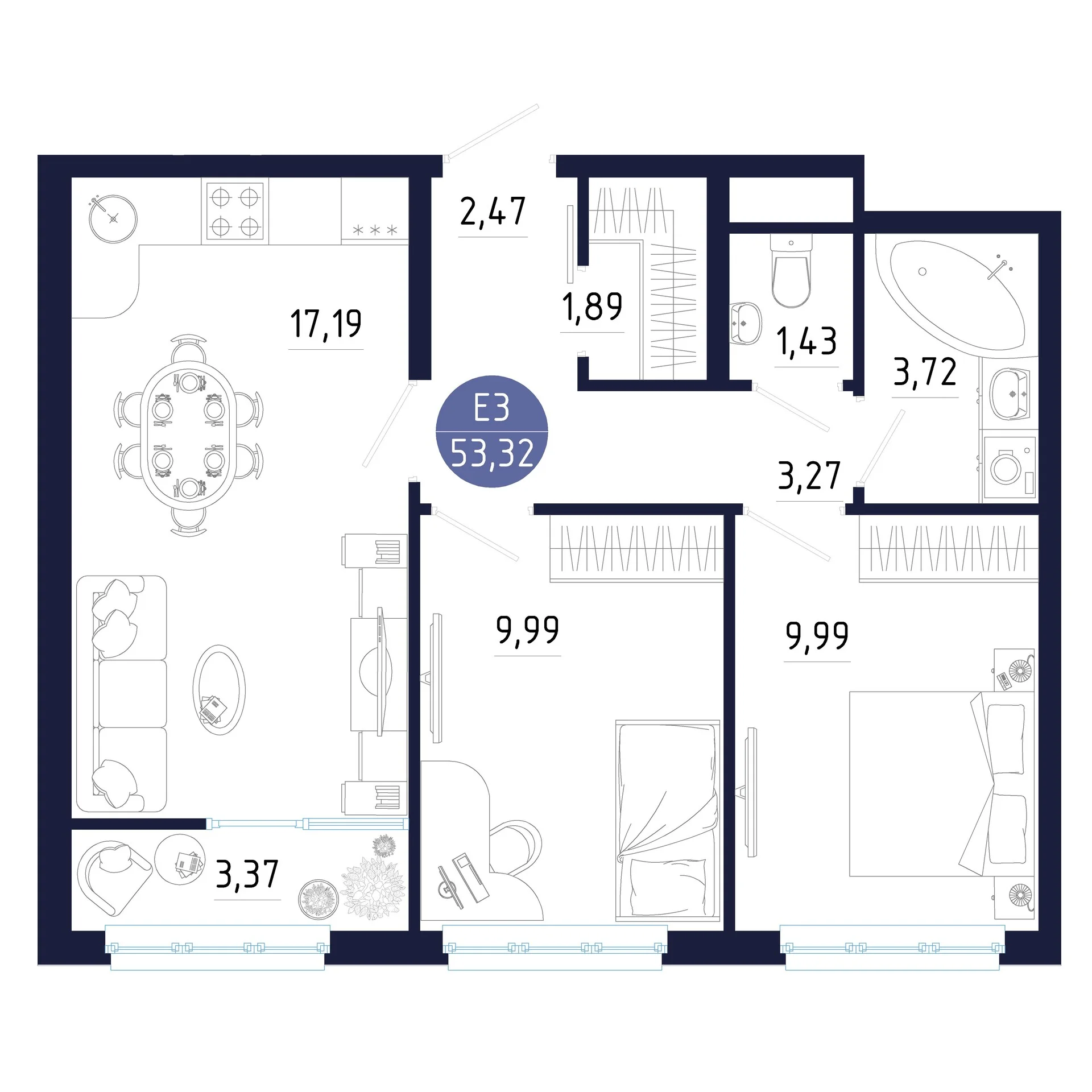 Планировка Квартира с двумя спальнями и гостиной 17 м² (Евро-3)