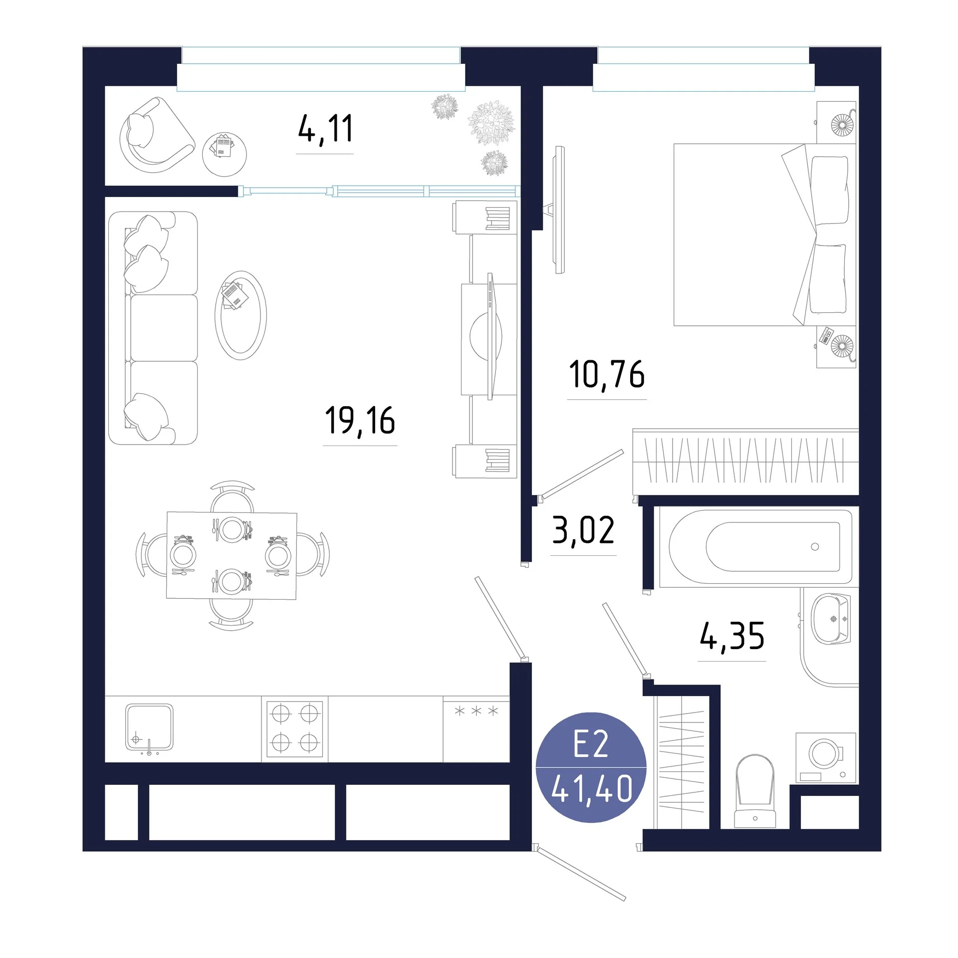 Планировка Квартира с одной спальней и гостиной 19 м² (Евро-2)