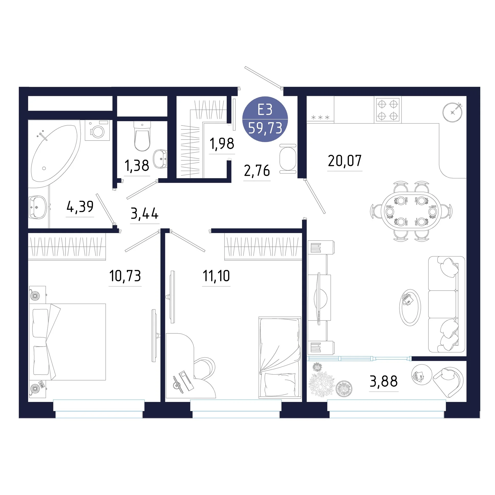 Планировка Квартира с двумя спальнями и гостиной 20 м² (Евро-3)