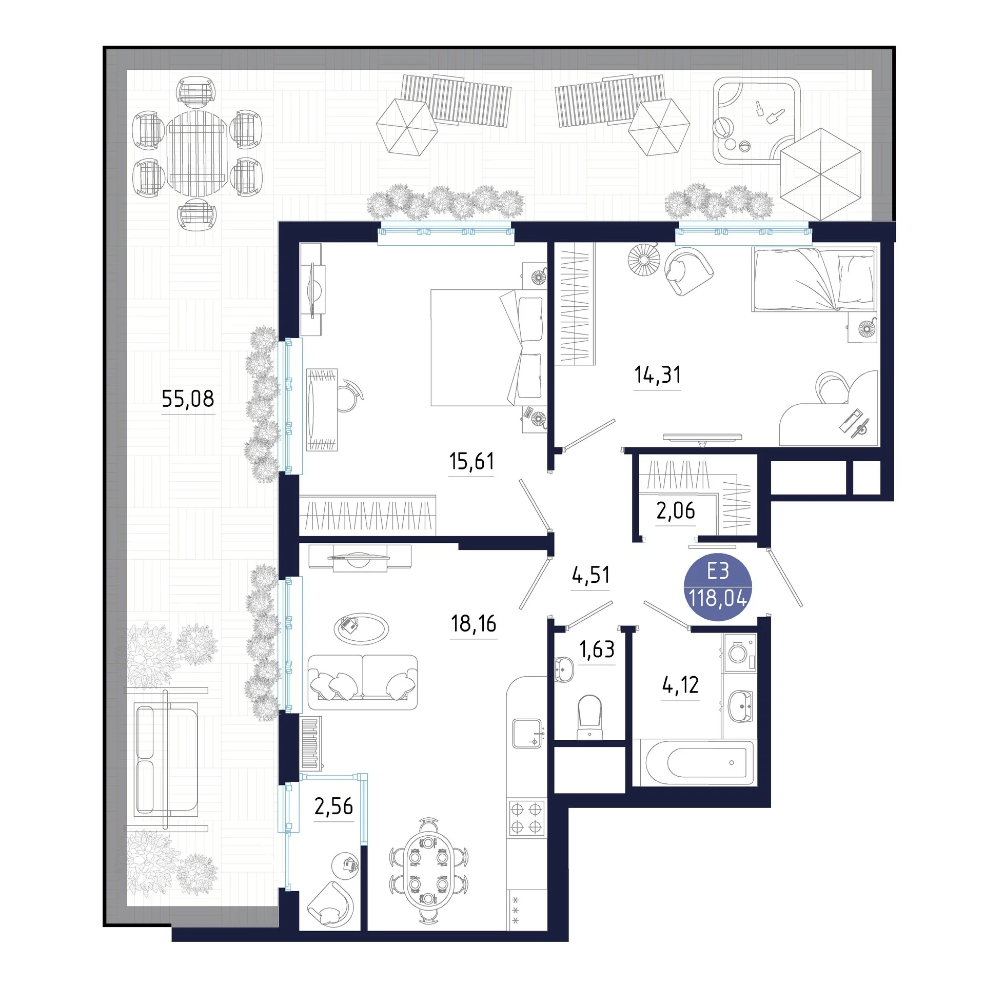 Планировка Квартира с двумя спальнями и гостиной 18 м² (Евро-3)
