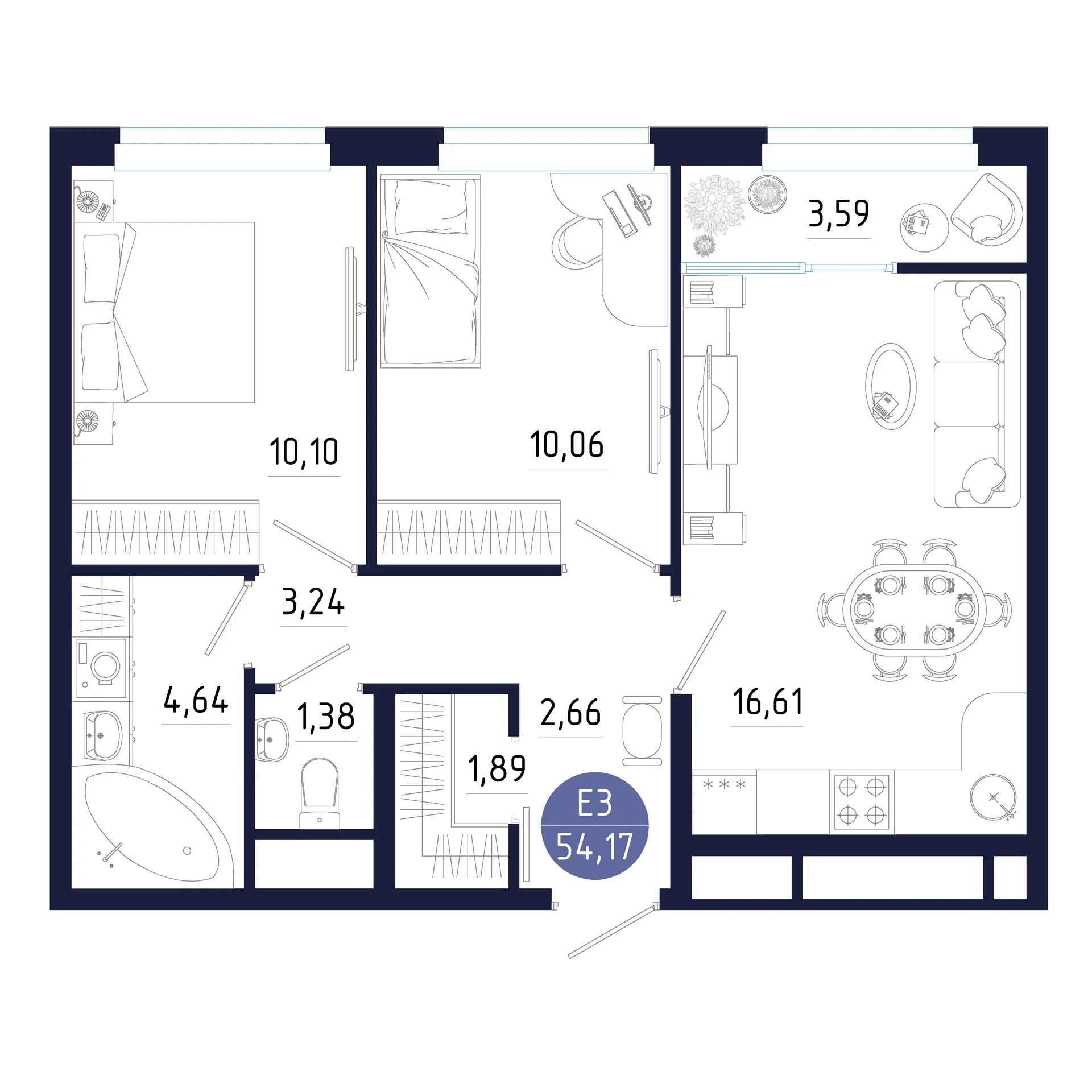 Планировка Квартира с двумя спальнями и гостиной 17 м² (Евро-3)